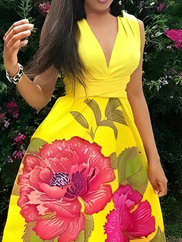Flower Print Split-Joint A-Line Sleeveless V-Neck Maxi Dresses