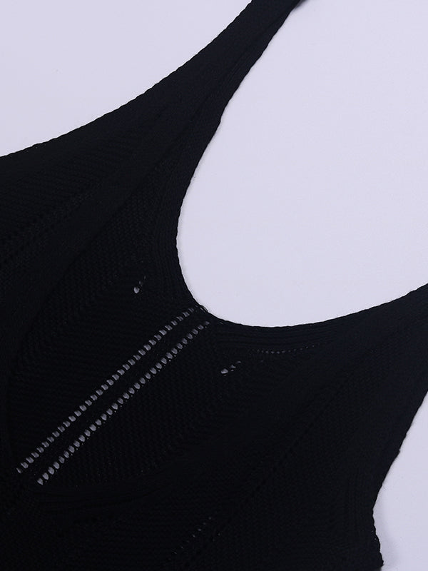 Backless Hollow See-Through Solid Color Split-Joint Skinny Sleeveless Wide Straps Maxi Dresses
