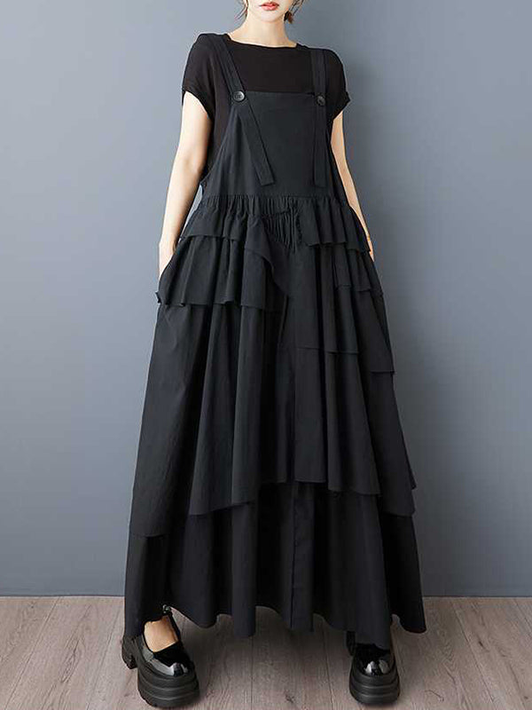 Asymmetric Buttoned Pleated A-Line Loose Spaghetti-Neck Suspender Dress Maxi Dresses