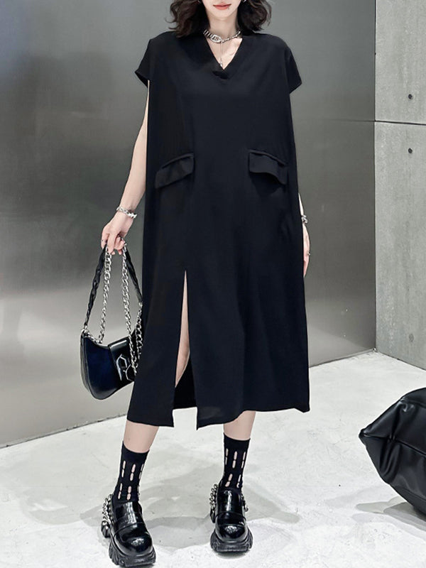 Asymmetric Solid Color Split-Joint Split-Side Loose Short Sleeves V-Neck Midi Dresses
