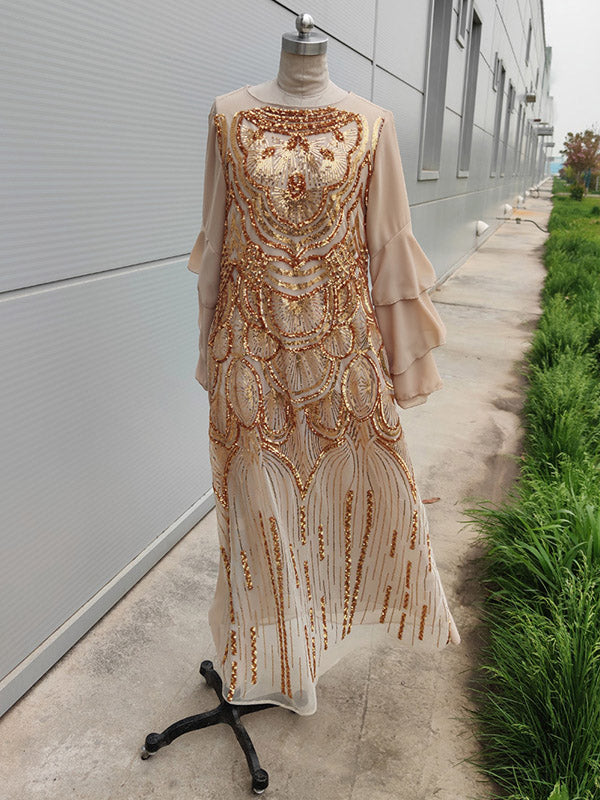 Vintage Flared Sleeves Sequined Round-Neck Midi Dress