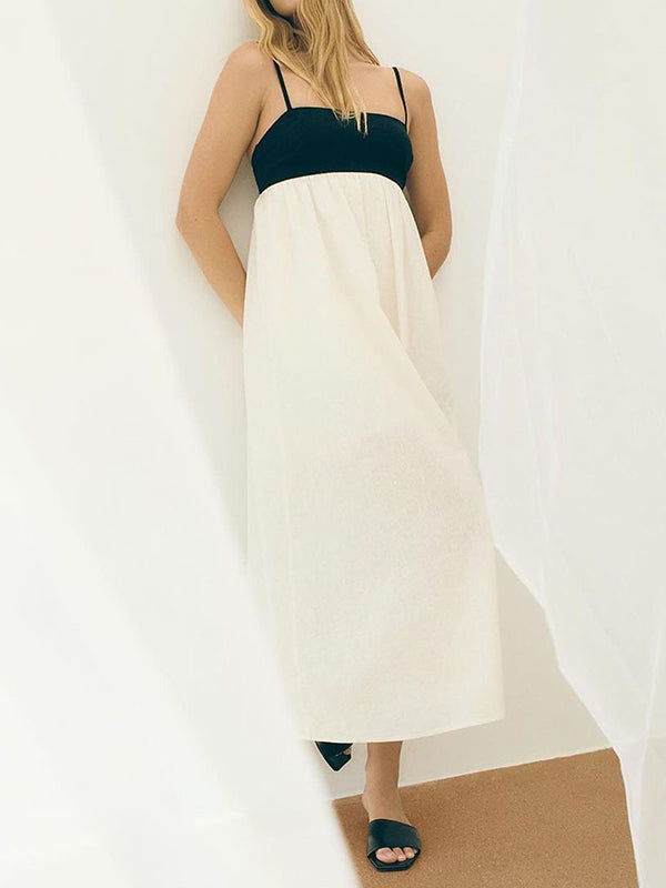 Contrast Color Pleated Split-Joint A-Line Loose Spaghetti-Neck Maxi Dresses