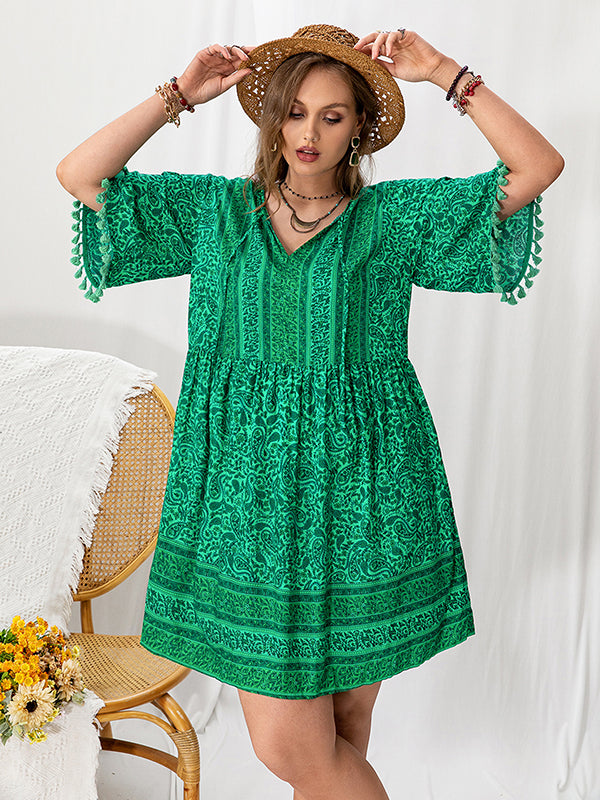 Vacation A-Line Loose Tasseled V-Neck Mini Dress