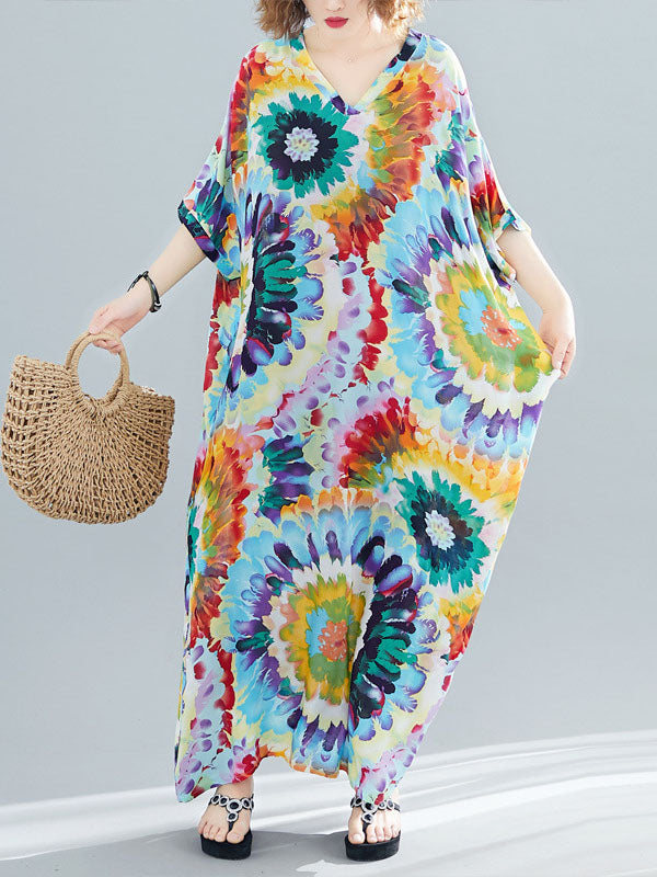 Vintage Loose Tie-Dyed Batwing Sleeves V-Neck Maxi Dress