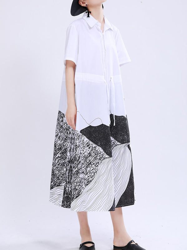 Contrast Color Drawstring Printed Tied Waist Loose Short Sleeves Lapel Shirt Dress Midi Dresses