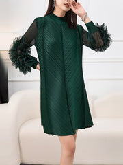 Embroidered Pleated Solid Color Long Sleeves Loose Round-neck Midi Dresses