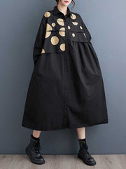 Asymmetric Buttoned Polka Dot Split-Joint A-Line Long Sleeves Lapel Midi Dresses