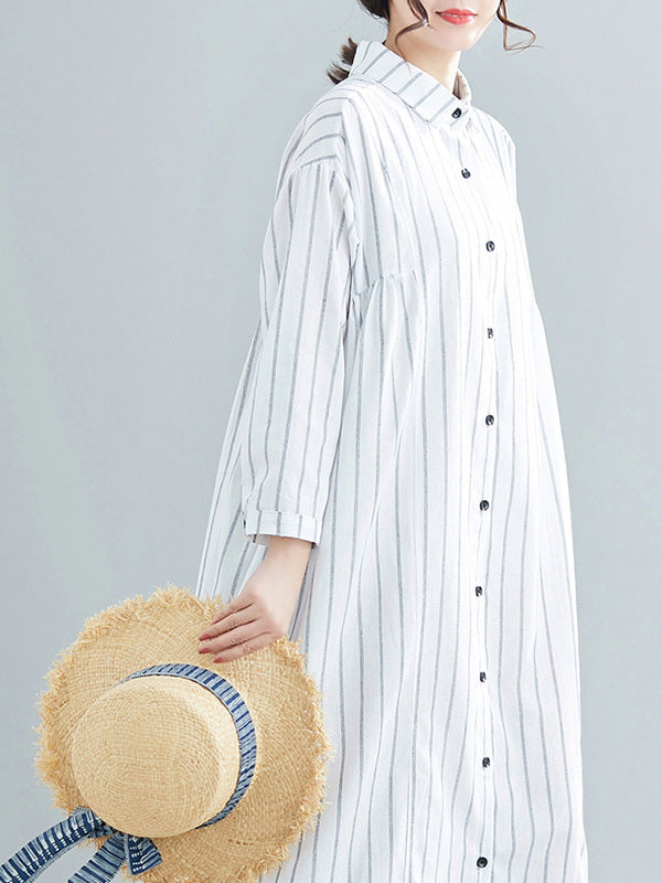 Simple Striped Buttoned Lapel Long Sleeves Shirt Dress