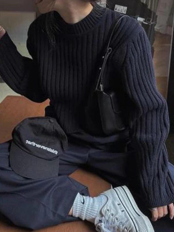 Solid Ribbed Crew Neck Short Knit Sweater