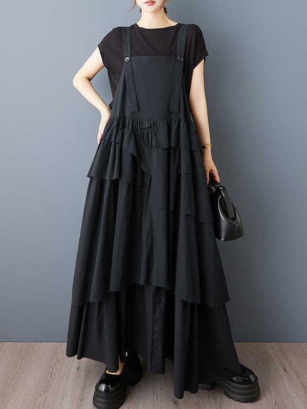 Asymmetric Buttoned Pleated A-Line Loose Spaghetti-Neck Suspender Dress Maxi Dresses