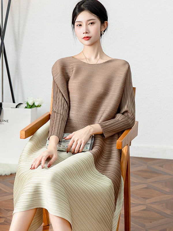 Original Contrast Color Split-Joint Round-Neck Pleated Midi Dress