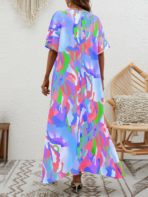 Contrast Color High-Waisted Printed Loose Short Sleeves V-neck Maxi Dresses