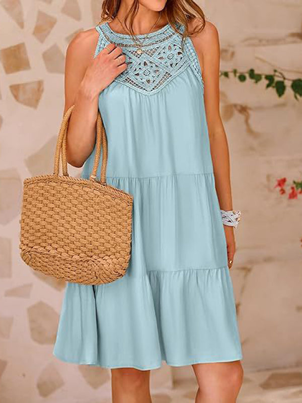 Hollow Pleated Solid Color Split-Joint A-Line Loose Round-Neck Mini Dresses