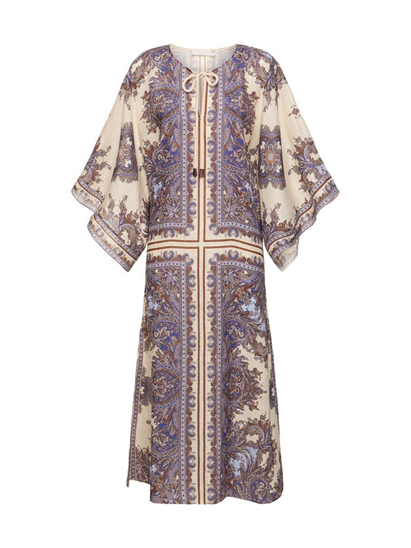 Flower Printed Batwing Sleeves Loose Elegant Kaftan