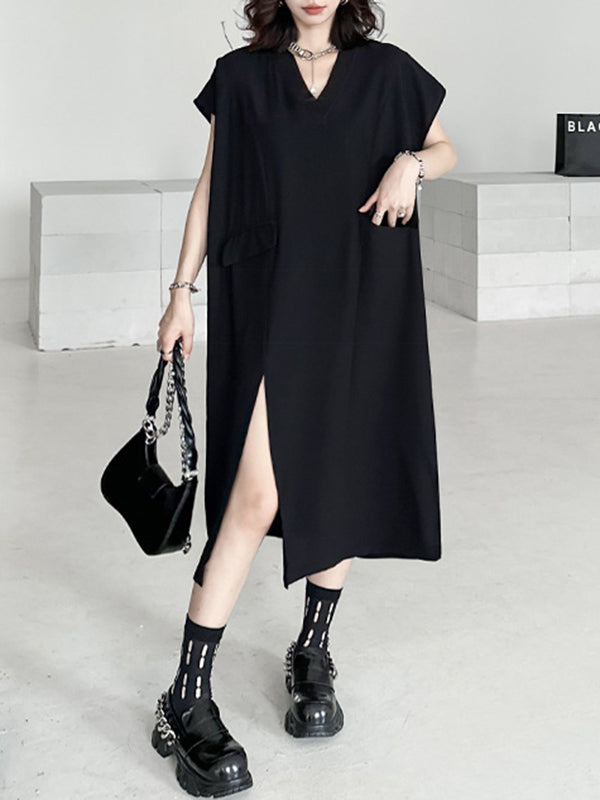Asymmetric Solid Color Split-Joint Split-Side Loose Short Sleeves V-Neck Midi Dresses