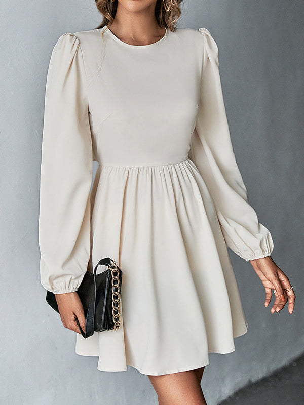 Backless Elasticity Hollow Pleated Solid Color Tied A-Line Bishop Sleeve Round-Neck Mini Dresses
