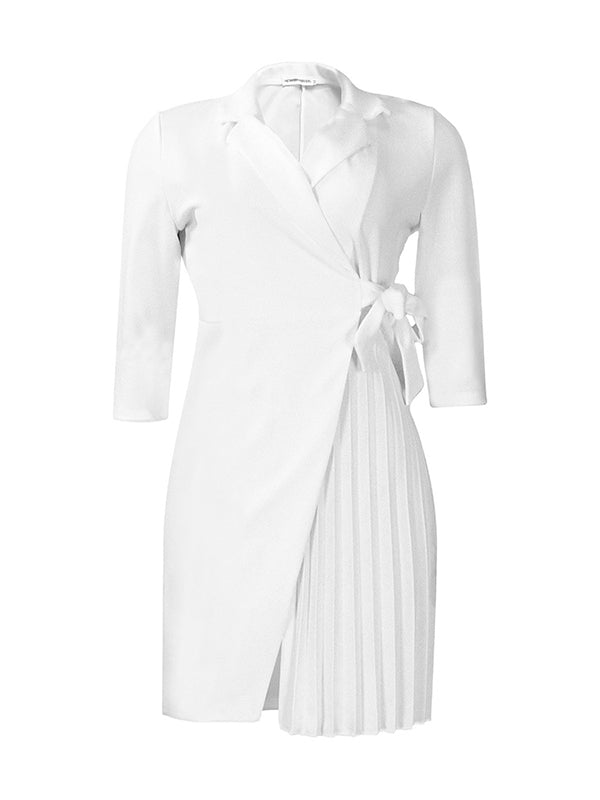 Pleated Solid Color Split-Front Tied Waist Three-Quarter Sleeves V-Neck Mini Dresses