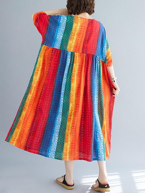 Striped Printed Loose A-Line Round-Neck Dress