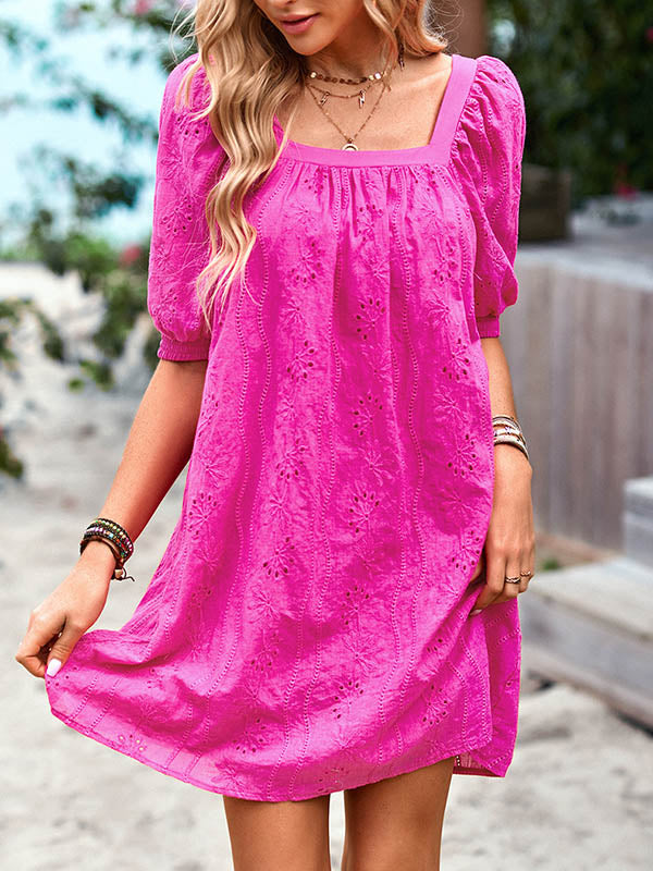 Jacquard Solid Color Loose Puff Sleeves Square-neck Mini Dresses