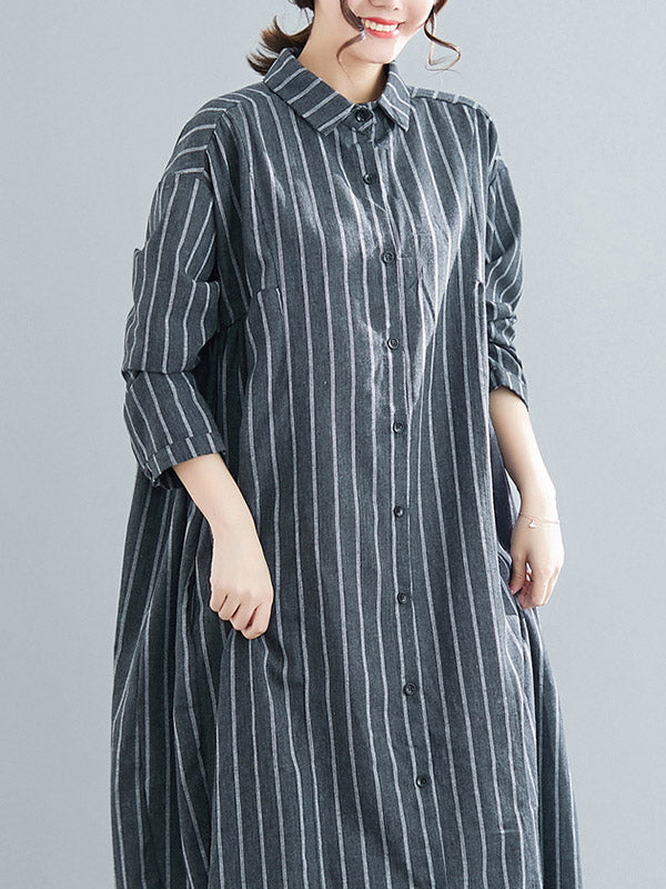 Simple Striped Buttoned Lapel Long Sleeves Shirt Dress