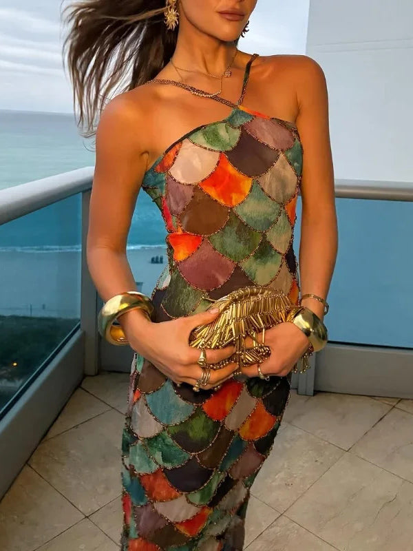 Fish Scale Print Sleevless Spaghetti-Neck Elegant Wrap Maxi Dresses