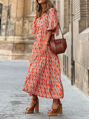 Bohemia Puff Sleeves Plaid V-Neck Dress
