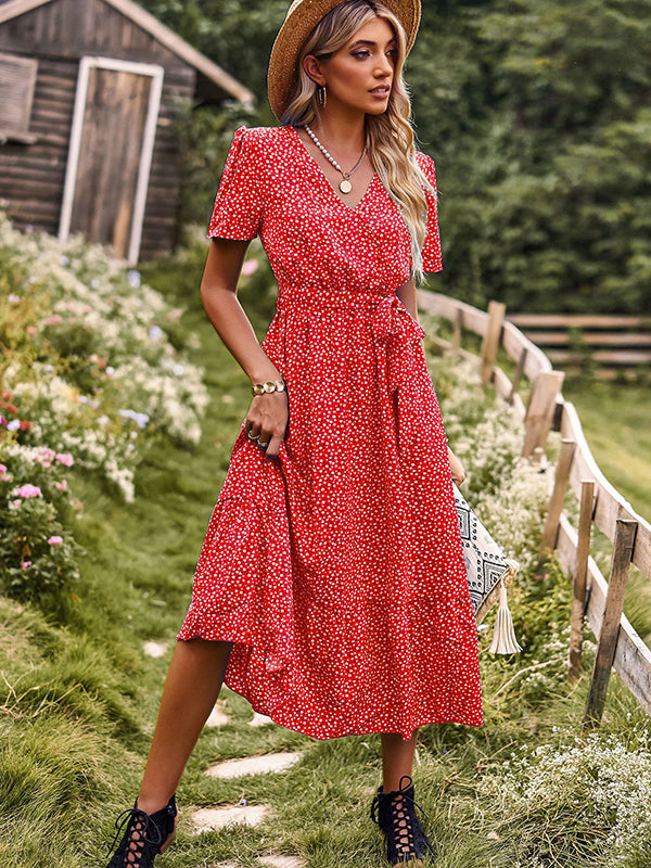 Bohemia A-Line Lace-Up Polka-Dot V-Neck Maxi Dress