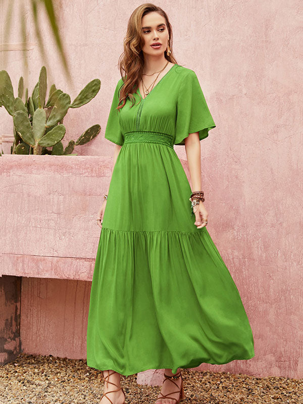Vacation Half Sleeves Wrap Solid Color V-Neck Maxi Dress