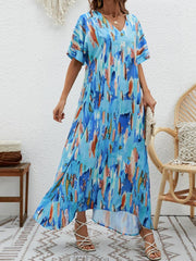 Contrast Color High-Waisted Printed Loose Short Sleeves V-neck Maxi Dresses
