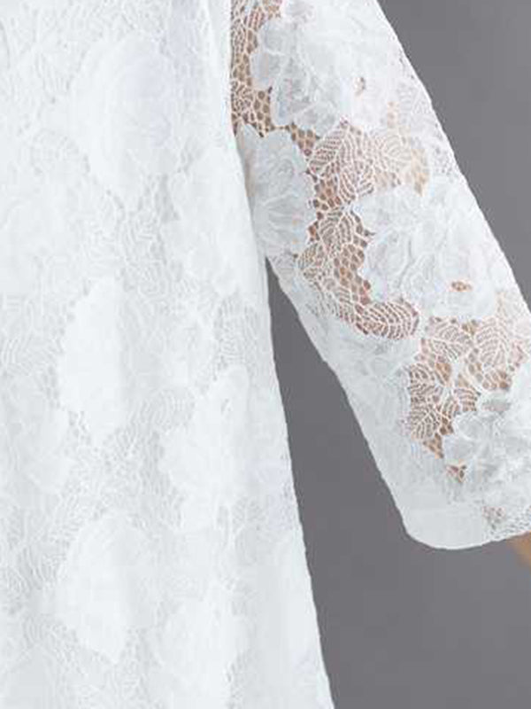 Hollow Solid Color Half Sleeves Loose Round-Neck Midi Dresses
