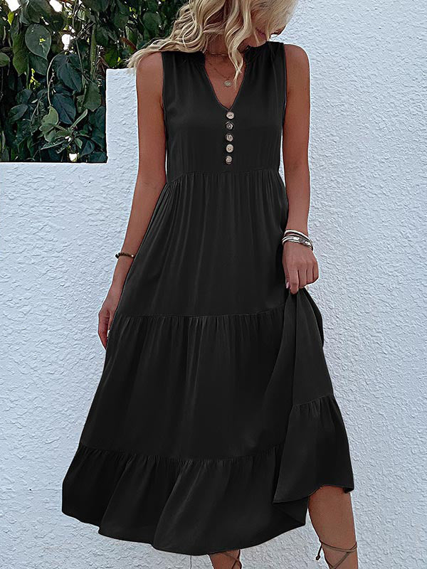 Pleated Split-Joint Loose Sleeveless V-Neck Midi Dresses