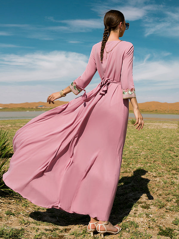 Vacation A-Line Loose Solid Color Patchwork V-Neck Dress