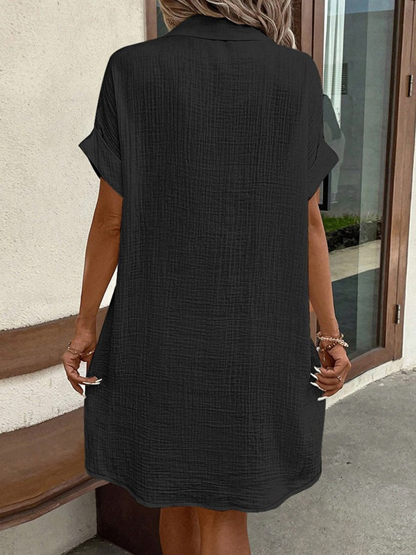 Pleated Split-Joint Loose Short Sleeves Lapel Shirt Dress Mini Dresses