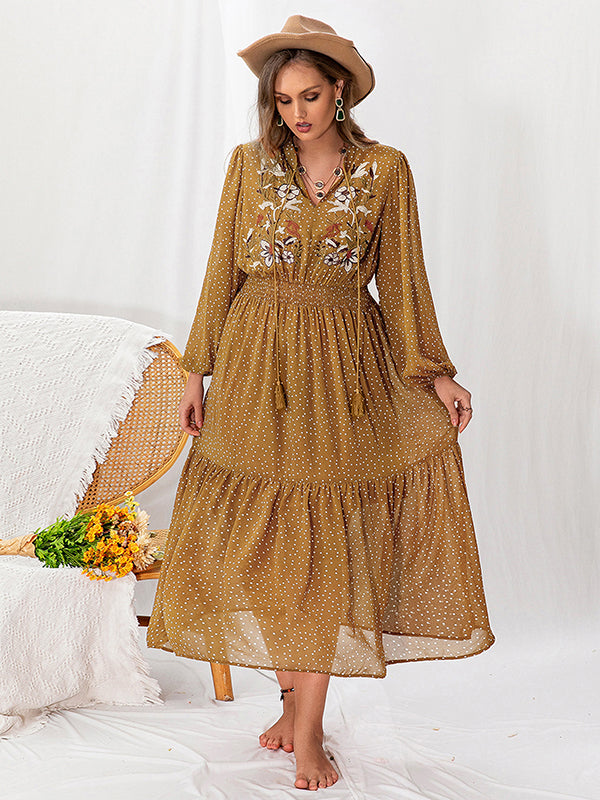 Vacation Puff Sleeves A-Line Printing Deep V-Neck Bohemia Dresses