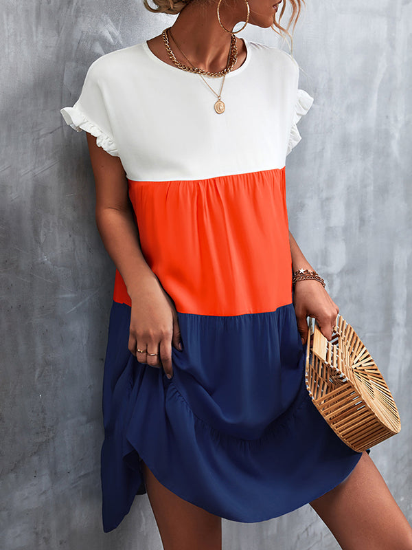 Contrast Color Falbala Pleated Split-Joint Loose Ruffle Sleeves Round-Neck Mini Dresses