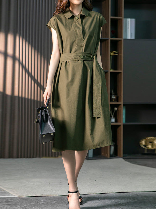 Bandage Solid Color Plus Size Short Sleeves Lapel Midi Dresses