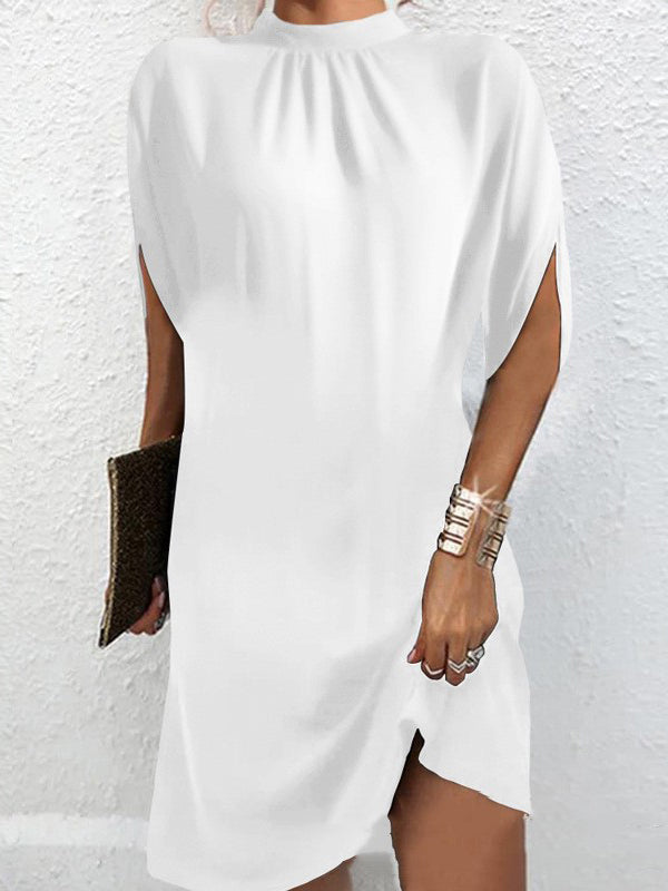 Solid Color Loose Raglan Sleeve Mock Neck Mini Dresses