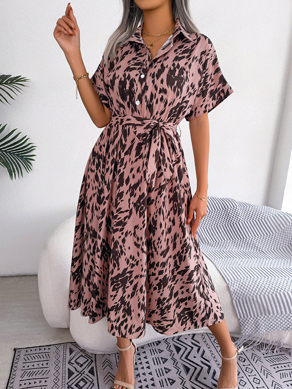 Leopard Ribbed Loose Short Sleeves Lapel Midi Dresses