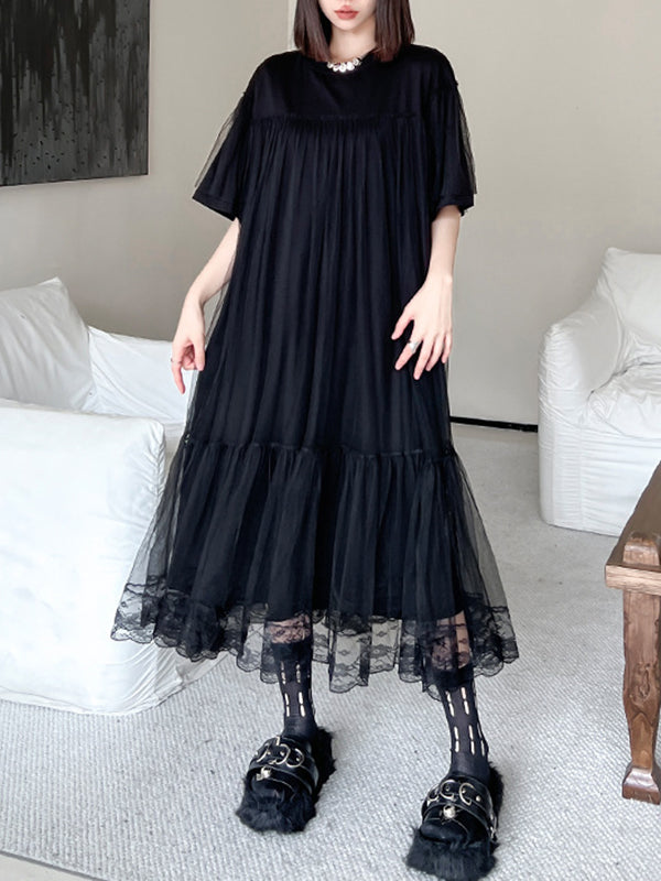 Gauze Pleated Solid Color Split-Joint Tiered Fake Two-Piece Loose Round-Neck Midi Dresses