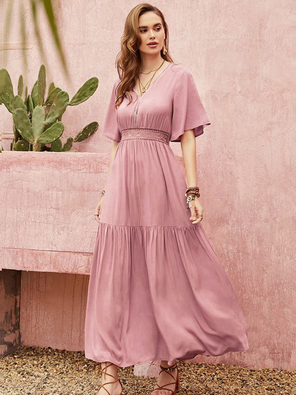 Vacation Half Sleeves Wrap Solid Color V-Neck Maxi Dress