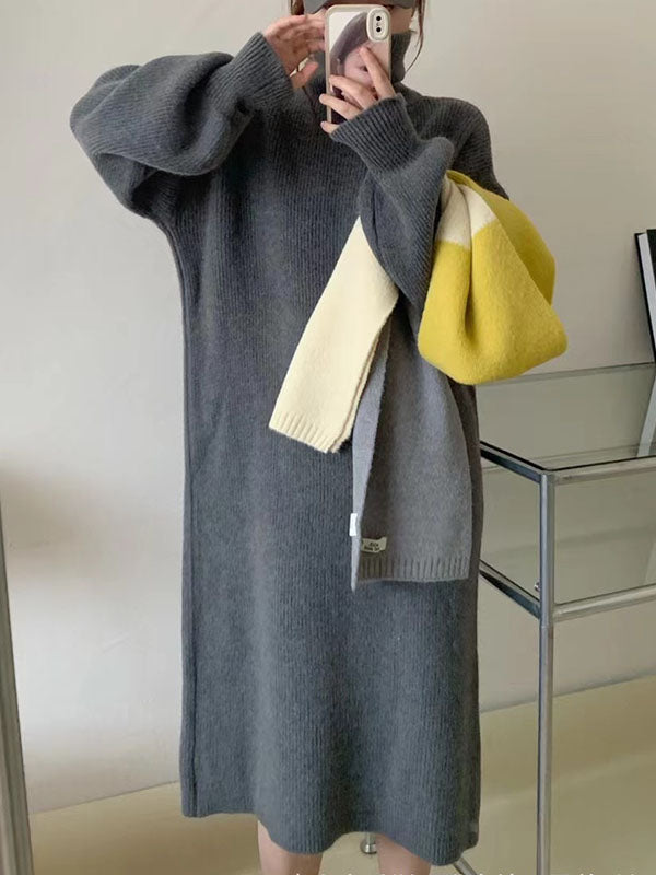 Solid Color Long Sleeves Loose High Neck Sweater Dresses Midi Dresses