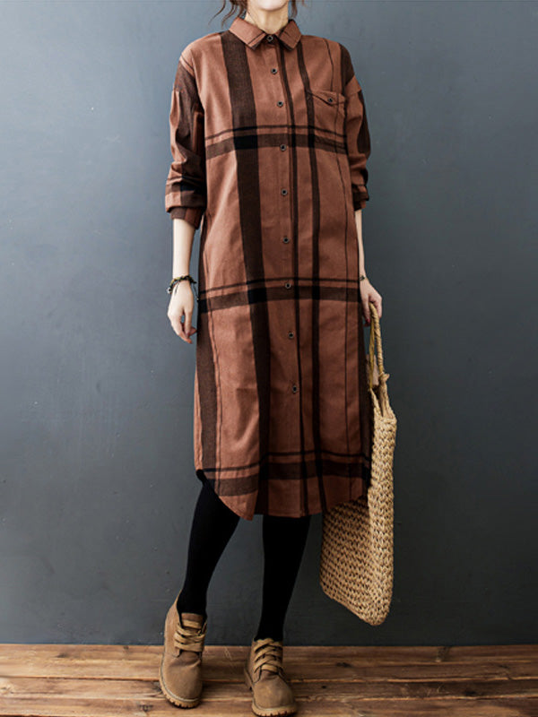 Vintage Solid Long Sleeve Pleats Blouse Shirt Dress