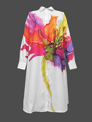 Floral Printed Split-Joint Long Sleeves Loose Lapel Shirt Dress Midi Dresses