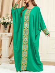 Contrast Color Embroidered Muslim Batwing Sleeves Loose Round-Neck Muslim Abaya Maxi Dresses