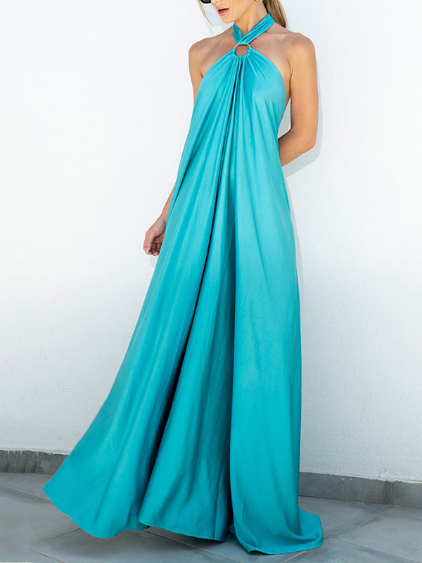 Backless Solid Color Tied A-Line Loose Halter-Neck Maxi Dresses