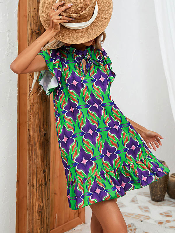 Hollow Pleated Printed Split-Joint Tied A-Line High Waisted Round-Neck Mini Dresses