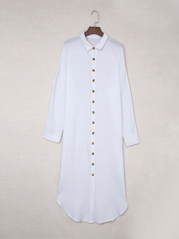 Casual Long Sleeves Solid Color Lapel Collar Midi Dresses