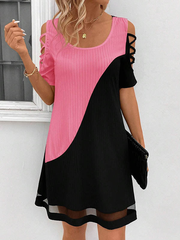 Contrast Color Hollow Mesh Split-Joint A-Line Loose Cold Shoulder Mini Dresses