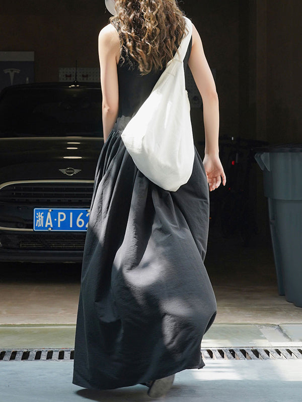 Pleated Solid Color Split-Joint Loose Sleeveless Round-Neck Maxi Dresses