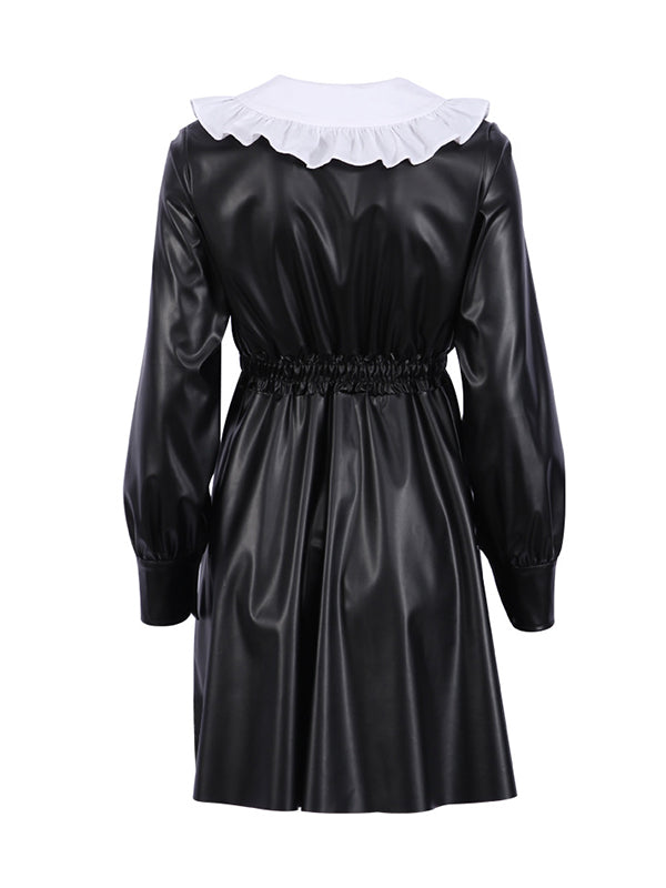 Elasticity Pleated Split-Joint Loose Puff Sleeves Peter Pan Collar Mini Dresses